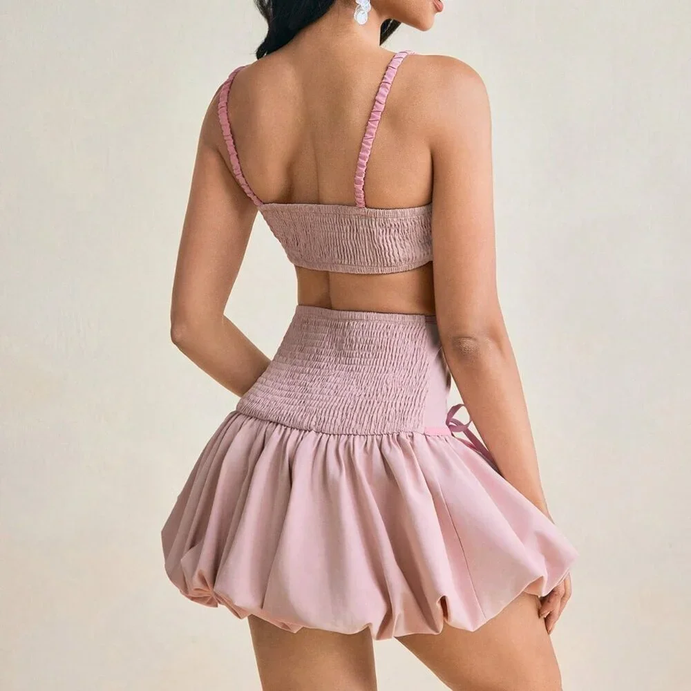 Pink Sexy Women's Bubble Hem Cutout Smocking Mini Dress - Picture 2 of 7